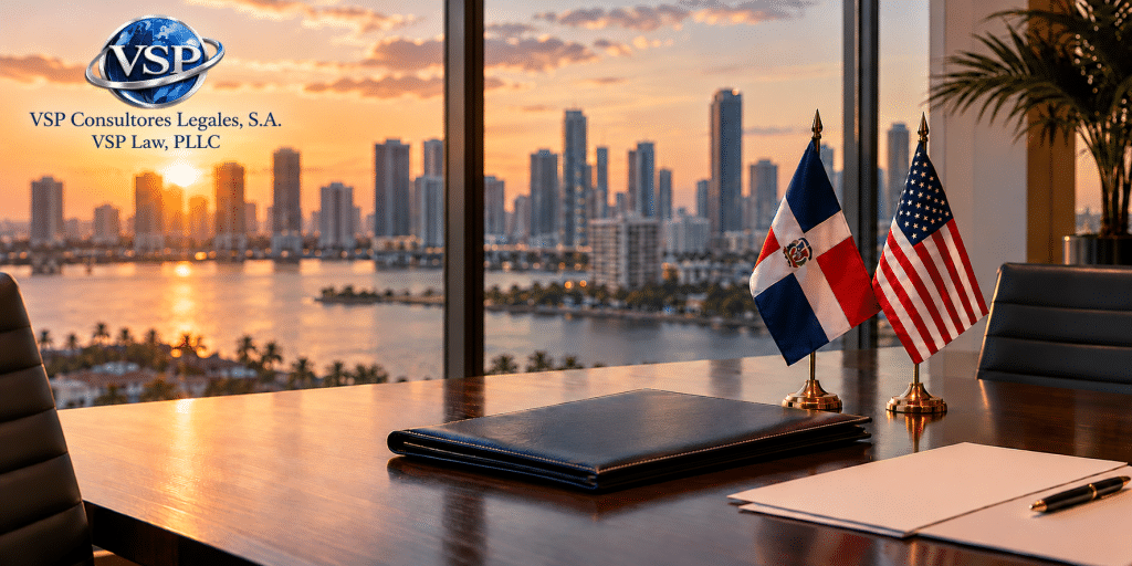 Banderas de República Dominicana y Estados Unidos sobre una mesa de reuniones de VSP Law con vista a la ciudad