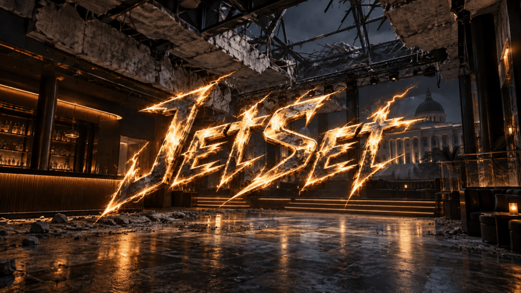 Interior de una discoteca en ruinas, con losas del techo colapsadas, el rótulo “JetSet” en letras ardientes y, al fondo, un edificio neoclásico con cúpula.